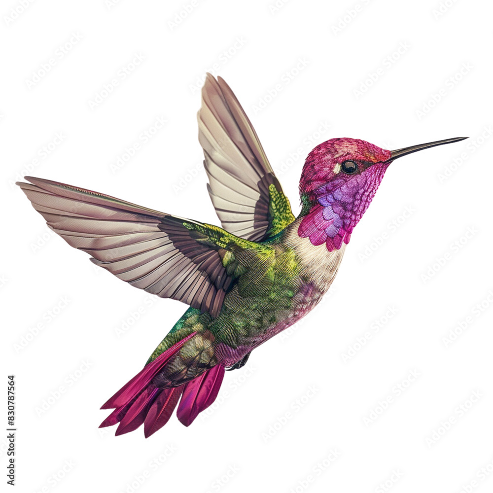 Obraz premium Realistic flying hummingbird with in a side view on a white background