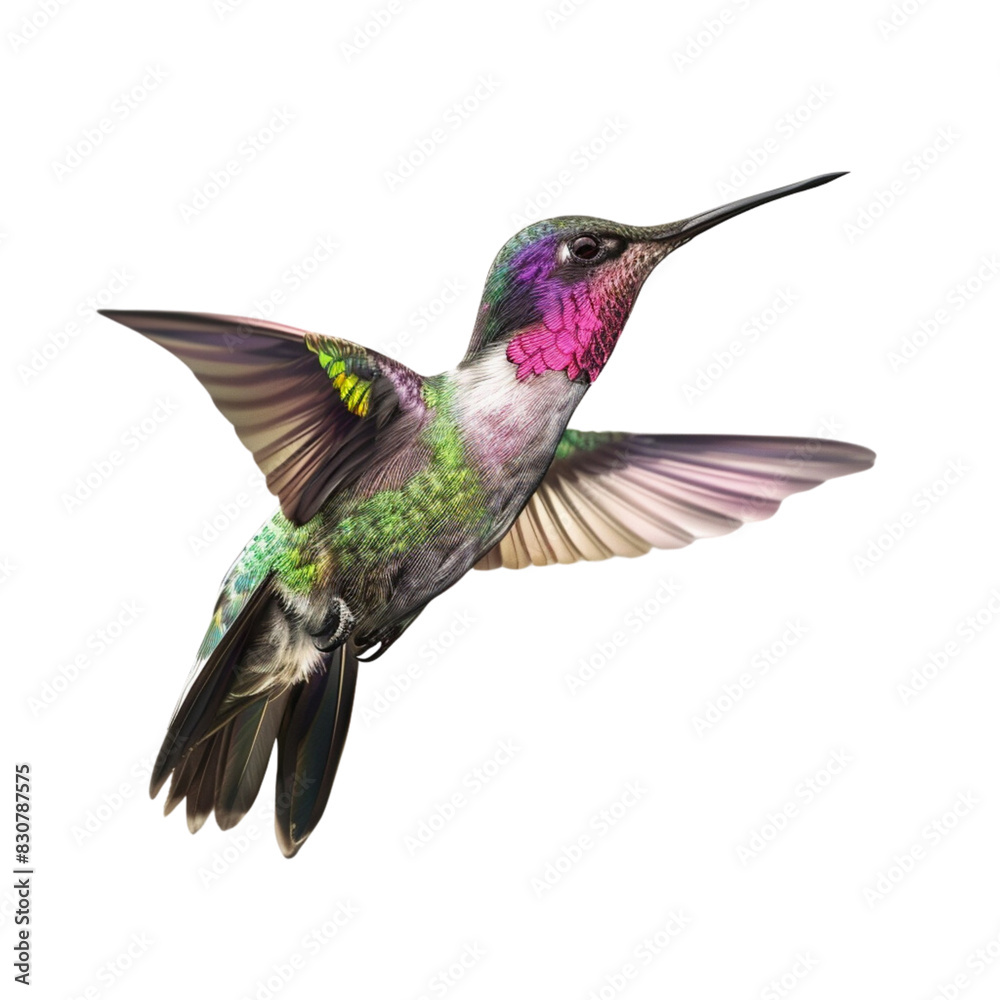 Obraz premium Realistic flying hummingbird with in a side view on a white background