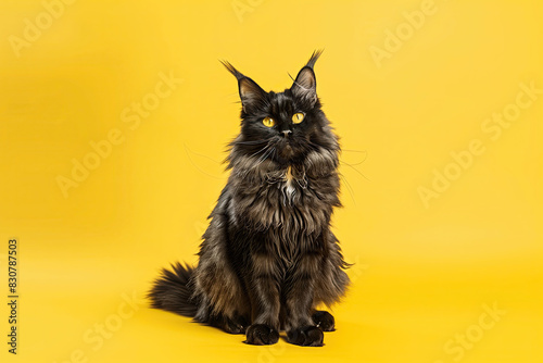 A gray Maine Coon cat on a mustard background