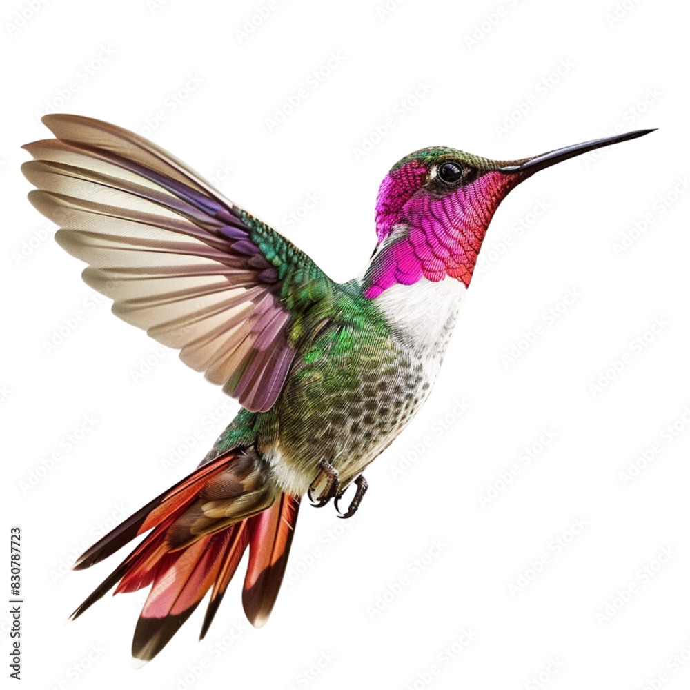 Obraz premium Realistic flying hummingbird with in a side view on a white background