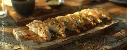 Close-up of pan-fried gyoza dumplings on wooden board with soy sauce and chopsticks. photo