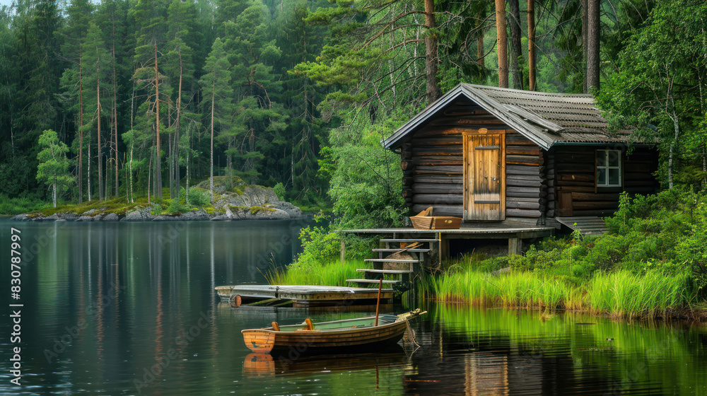 A traditional wooden hut housing a Finnish sauna, nestled by a serene lake with a charming pier and fishing boats, surrounded by lush summer greenery. A traditional wooden hut housing a Finnish sauna, nestled by a serene lake with a charming pier and fishing boats, surrounded by lush summer greenery.