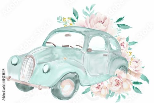 This postcard features a watercolor depiction of a classic blue automobile over white, its exterior embellished with a lively array of floral hues. It showcases a palette of soft pastel tones
