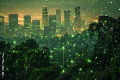 A modern city at dusk showcases digital connectivity with light trails over green spaces and urban buildings, reflecting technological advancements and urban planning.