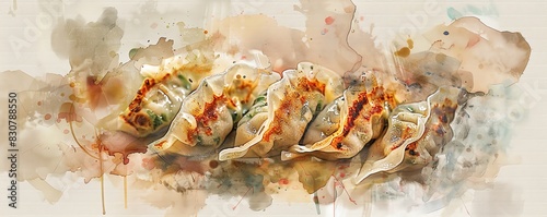 Watercolor painting of dumplings with brown sauce