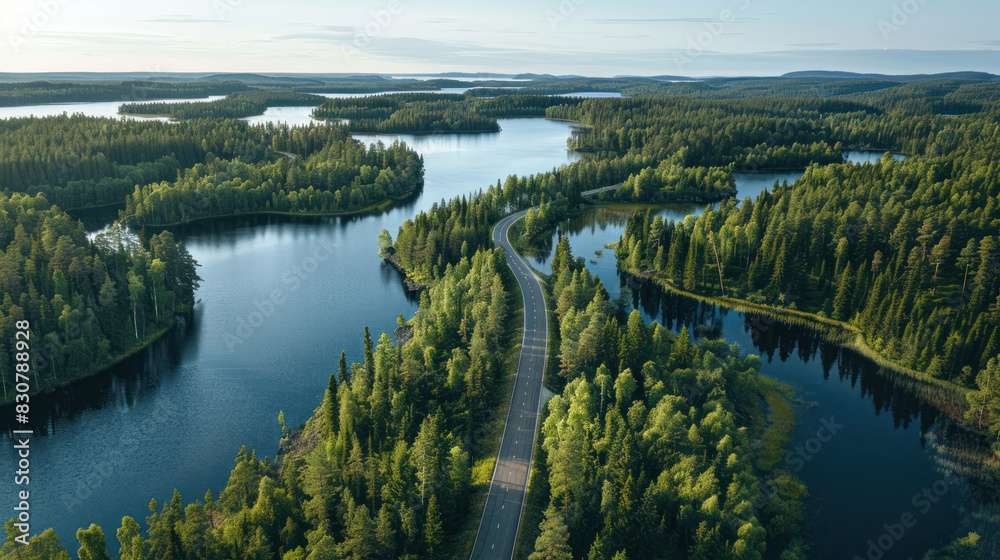 Aerial view of a winding road cutting through lush green woods, flanked by serene blue lakes under the summer sun in Finland, highlighting the natural beauty.