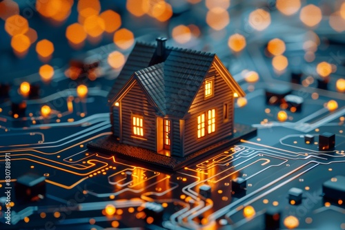 A model house glows amid a digital circuit background, representing smart home automation technology with network connectivity.