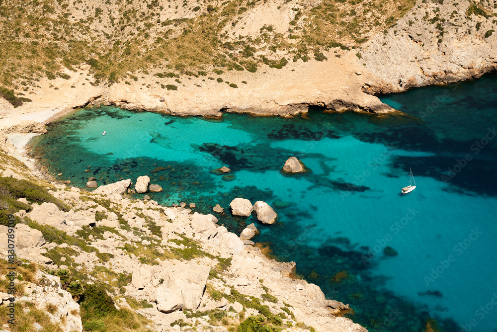 Cala Figuera (Formentor) turquoise water little beach, Cap de Formentor, Port de Pollensa, Majorca, Balearic Islands, Spain