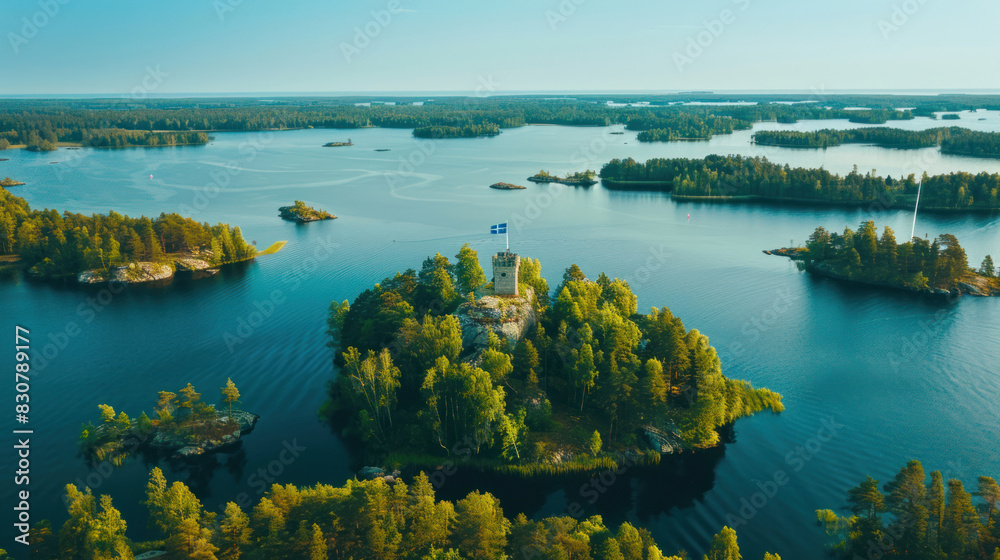 Aerial view of Aulanko Observation Tower in Hameenlinna, flying the Finnish flag proudly, surrounded by blue lakes and lush green forests in summer.