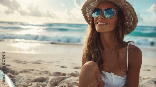 Beach scene with a smiling woman, tanned and in trendy sunglasses, holding a paddle board, enjoying t Thoughtful woman sitting on the sandy beach with her surfboard, gazing at the ocean waves under th