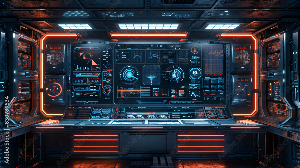 Digital workspace with futuristic tools and text area Digital workspace with futuristic tools and text area