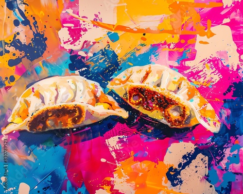 Four crispy golden dumplings on a colorful abstract background.