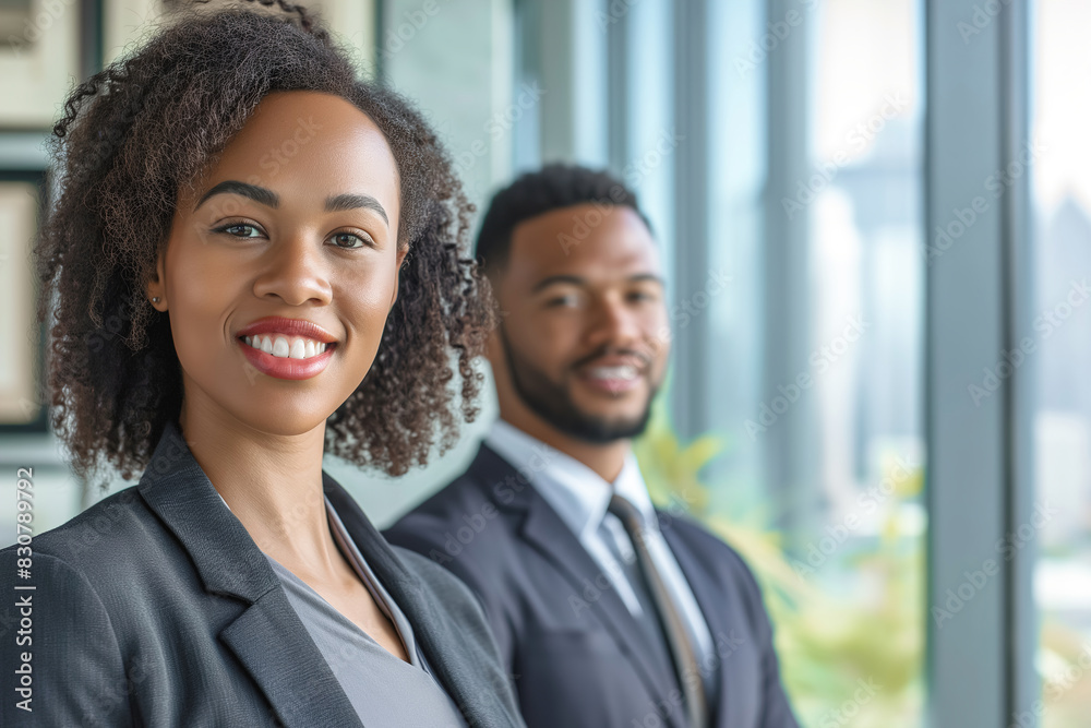 Smiling business man and woman of different races indoors Smiling business man and woman of different races indoors