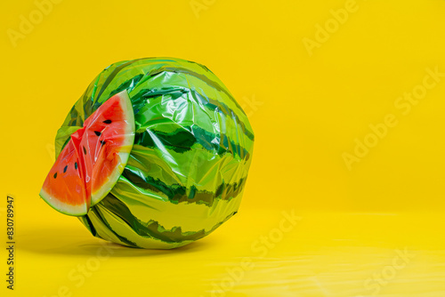 Colorful Watermelon Ball on Vibrant Yellow Background, a contrast of summer vibes and fun decor