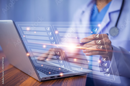 Doctor checklist item in document on system computer record data patient and follow up photo