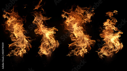 A set of bonfire energy that burns on a black background Fire collection set of flame burning isolated on dark background, Generative AI 