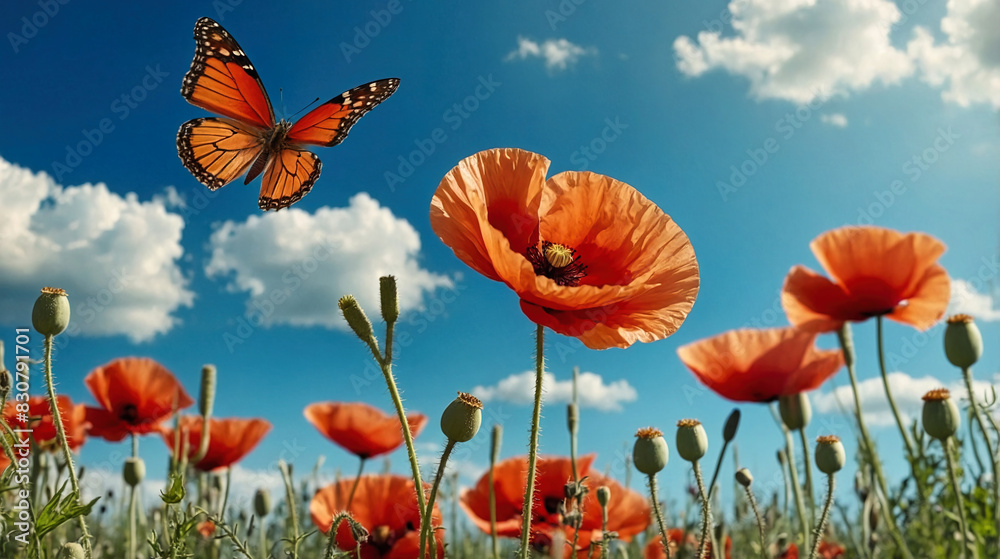 Obraz premium Natural landscape with blooming field of poppies. Poppies flowers and butterfly in nature in daylight and blue sky. Generated AI