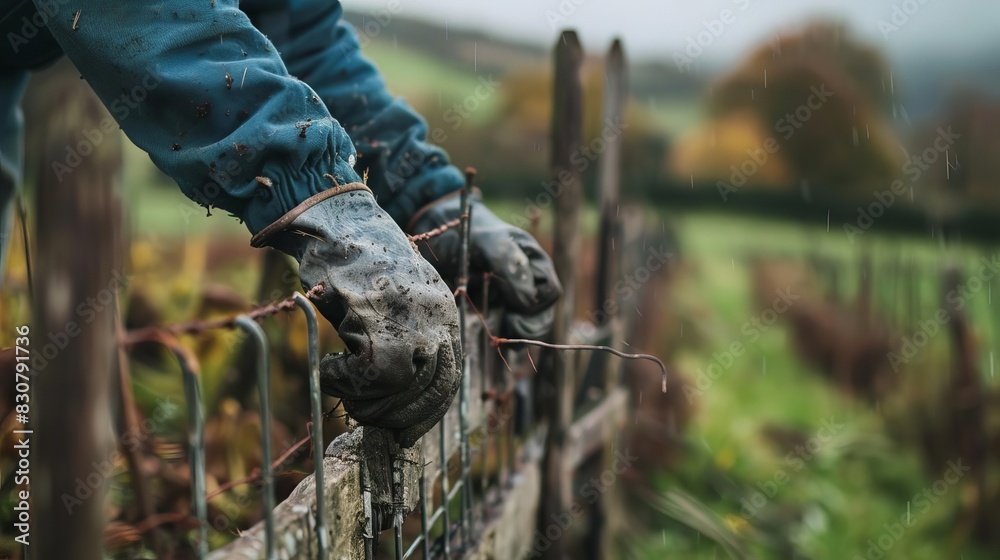 A farmer repairing a fence, close up, farm maintenance theme, realistic, overlay, countryside backdrop A farmer repairing a fence, close up, farm maintenance theme, realistic, overlay, countryside backdrop