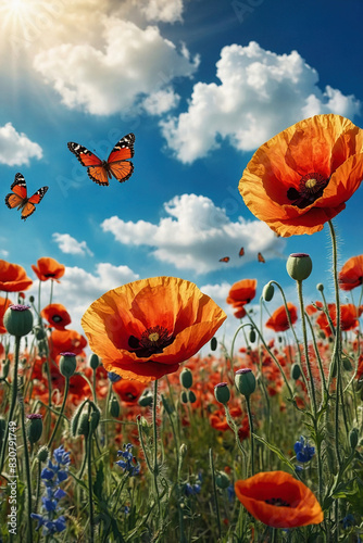 Natural landscape with blooming field of poppies. Poppies flowers and butterfly in nature in daylight and blue sky. Generated AI