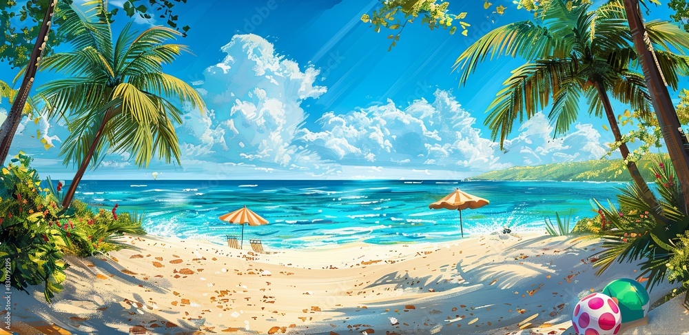 A vibrant illustration of a tropical beach with tall palm trees, clear blue ocean waves, and a bright sky