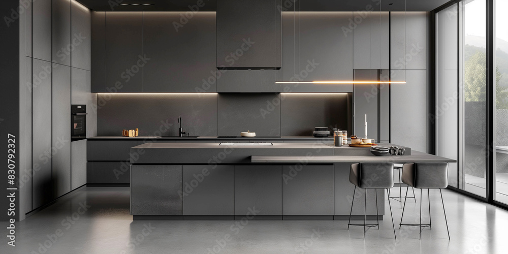 The design is modern, stylish kitchen, made in gray tones and minimalist style. The design is modern, stylish kitchen, made in gray tones and minimalist style.