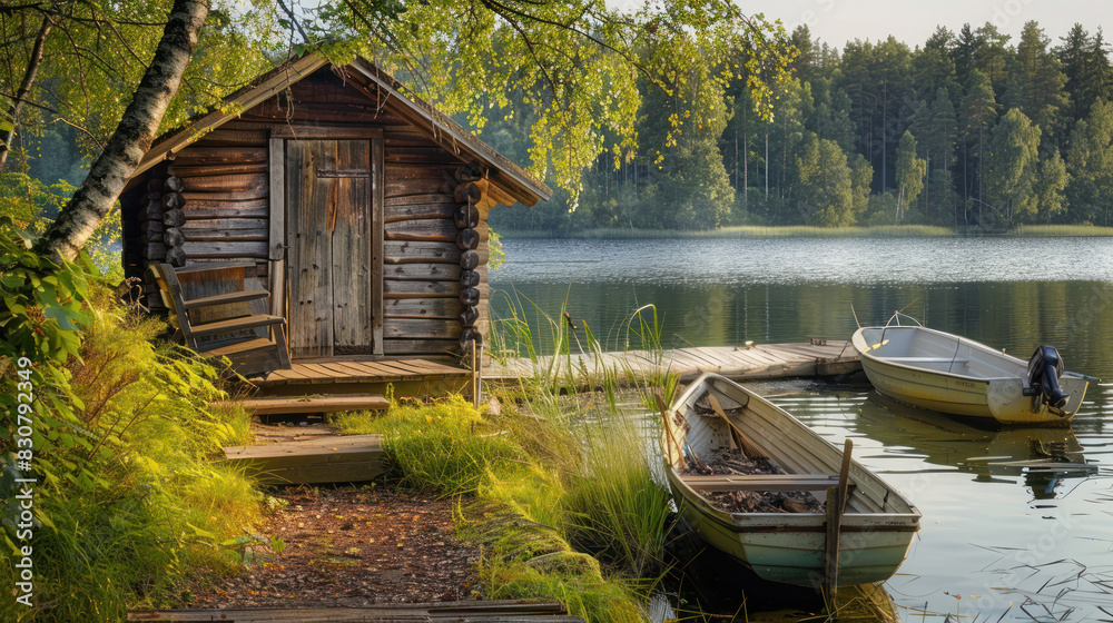 Obraz premium Finnish sauna in a wooden hut by the lake, complemented by a rustic pier and fishing boats, framed by the natural beauty of summer foliage and water.