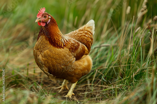A brown hen walking through tall grass, viewed from a front angle, © muhammad