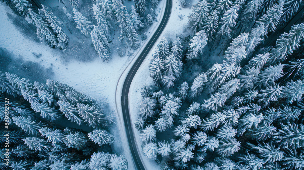 High-angle drone shot of a road snaking through a dense, snow-covered forest in the Dolomites, Italy, highlighting the pristine beauty of the winter season. High-angle drone shot of a road snaking through a dense, snow-covered forest in the Dolomites, Italy, highlighting the pristine beauty of the winter season.
