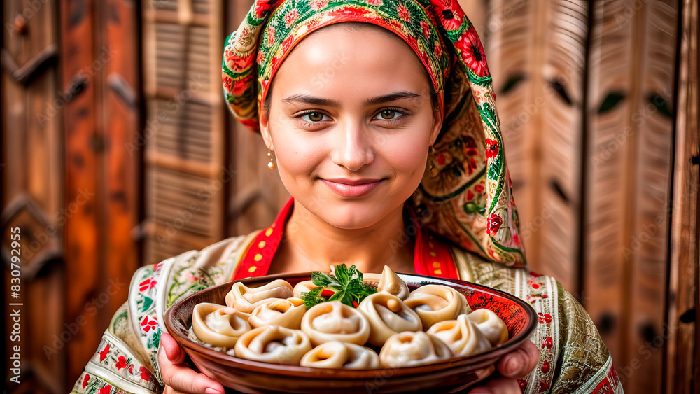 Beautiful Russian woman holding a plate of dumplings Beautiful Russian woman holding a plate of dumplings