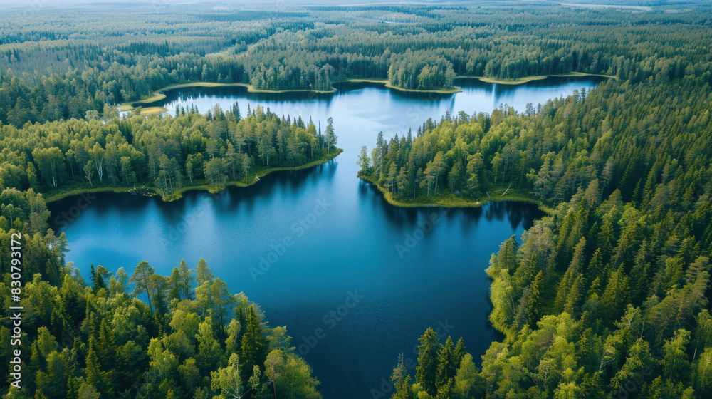 High-angle drone shot of Finland's vibrant summer landscape, showcasing interconnected blue lakes surrounded by dense, green forests under a clear sky. High-angle drone shot of Finland's vibrant summer landscape, showcasing interconnected blue lakes surrounded by dense, green forests under a clear sky.