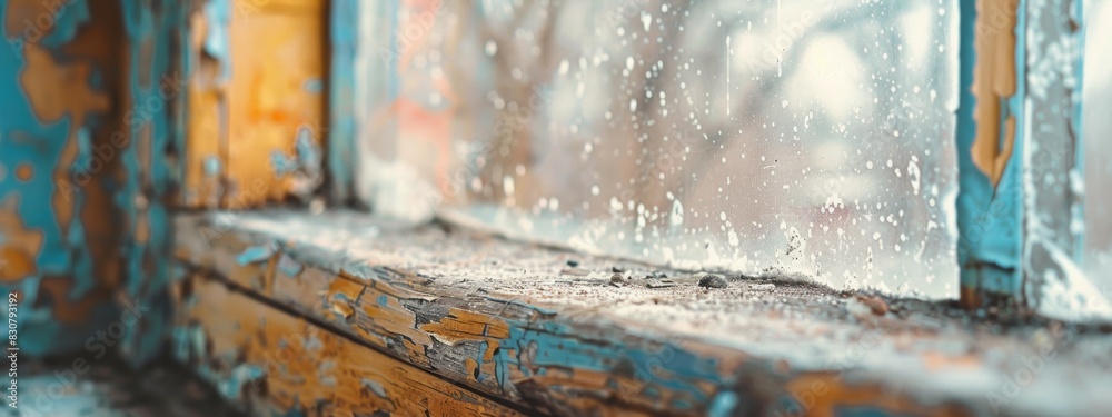 A macro shot of dust accumulating on an old window sill with peeling paint. A macro shot of dust accumulating on an old window sill with peeling paint.