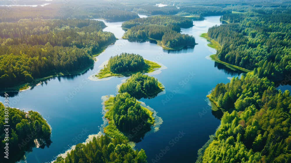 High-angle drone shot of Finland's vibrant summer landscape, showcasing interconnected blue lakes surrounded by dense, green forests under a clear sky.