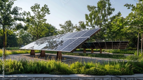 Solar panels installed in a park, surrounded by trees and grass.