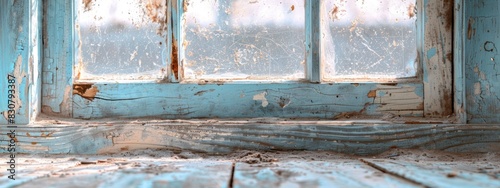 A macro shot of dust accumulating on an old window sill with peeling paint. © Usman