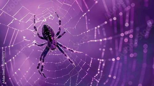 Spider and web on a purple backdrop viewed from above