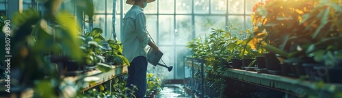 A farmer watering plants in a greenhouse, focus on, sustainable agriculture theme, whimsical, fusion, greenhouse backdrop photo
