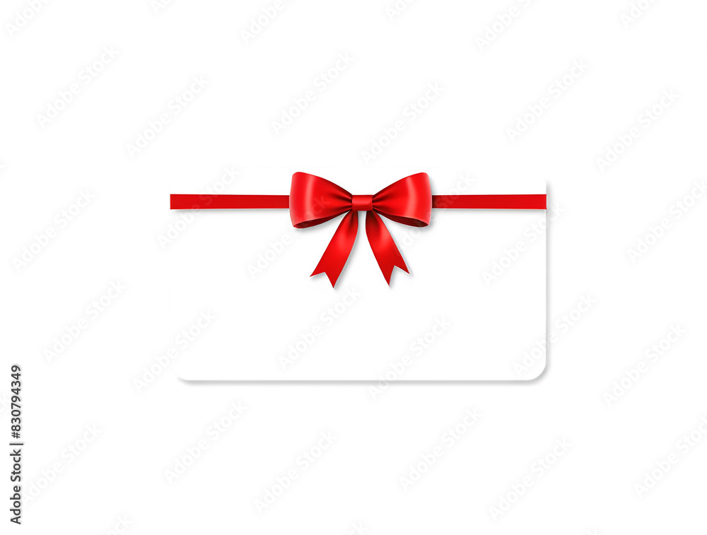 Blank white gift card with red ribbon bow isolated on transparent background, PNG format Blank white gift card with red ribbon bow isolated on transparent background, PNG format