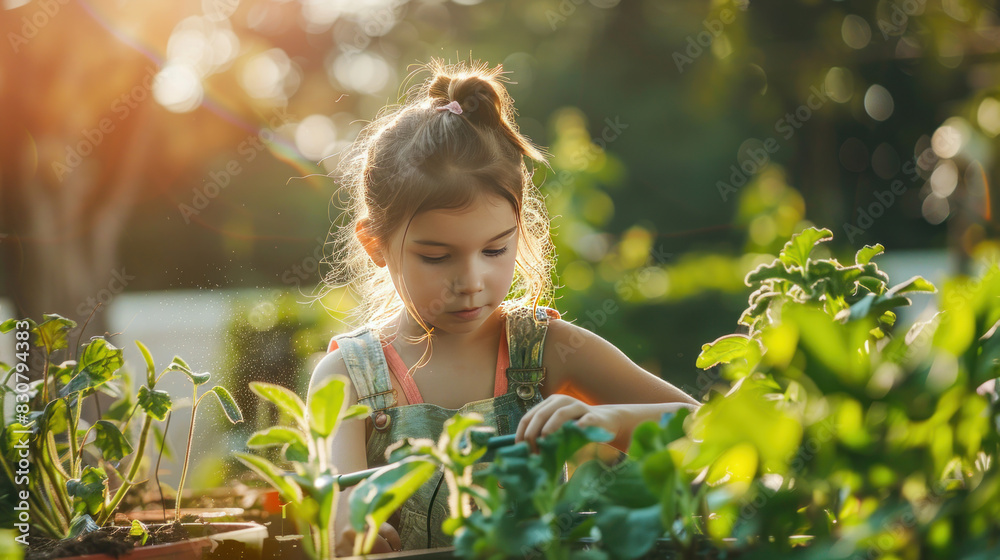 Little farmer girl with a water hose, tending to plants in a lush garden, with a warm, sunny backdrop, reflecting authentic moments of green living and family bonding. Little farmer girl with a water hose, tending to plants in a lush garden, with a warm, sunny backdrop, reflecting authentic moments of green living and family bonding.