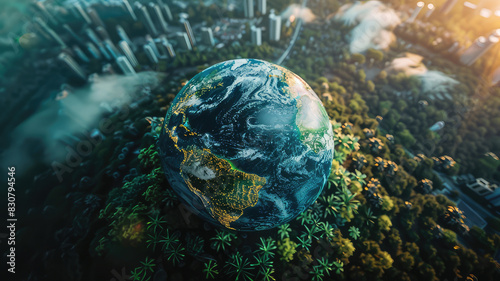Atmospheric aerial view of the green forest with the earth Demonstrate the concept