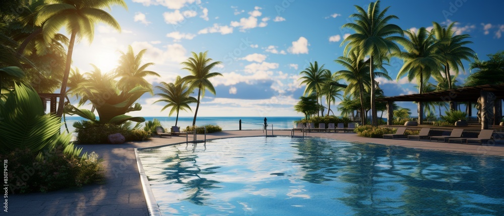 Fototapeta premium Sunshinefilled AI resort, 3D swim area, people relaxing, advanced tech for ultimate comfort 8K , high-resolution, ultra HD,up32K HD
