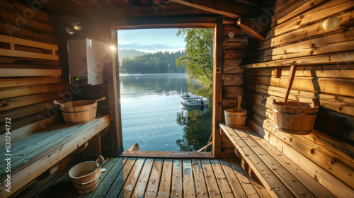 Fototapeta Naklejka Na Ścianę i Meble -  Rustic Finnish sauna in a traditional wooden hut by the lakeside, with a wooden pier extending out to fishing boats, capturing the essence of a tranquil summer landscape.