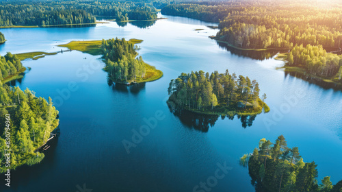 Scenic aerial view of Aulanko Observation Tower with the Finnish flag, set amidst a beautiful summer panorama of blue lakes and verdant forests in Hameenlinna.