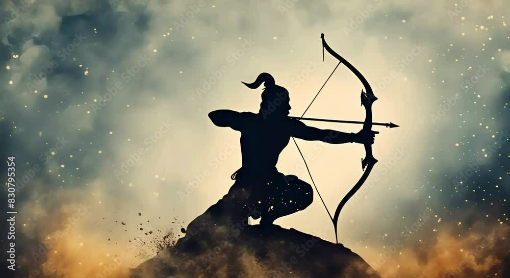 Illustration of Lord Rama Silhouette with Bow and Arrow for Ram Navami: 4K Footage
