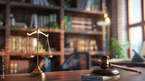 Legal office with gavel scales of justice and bookshelf symbolizing law and order in a modern setting photo