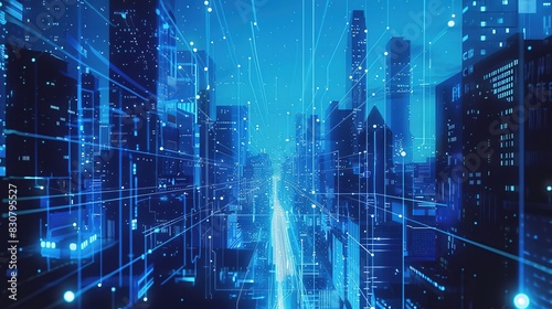 Smart city view in futuristic blue color with virtual network connections © Alpa