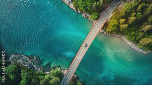 Stunning aerial perspective of a bridge road filled with cars over a crystal-clear blue lake in summer Finland, showcasing the blend of nature and infrastructure. photo