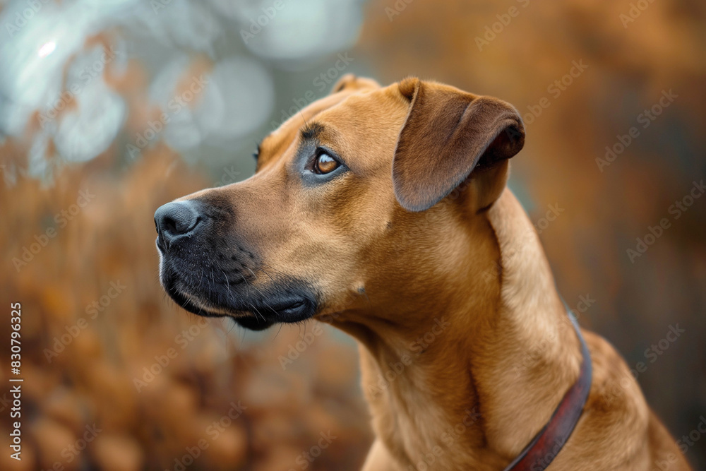 Dog sits in a field against a background of dry grass and looks to the side, the concept of walking a dog