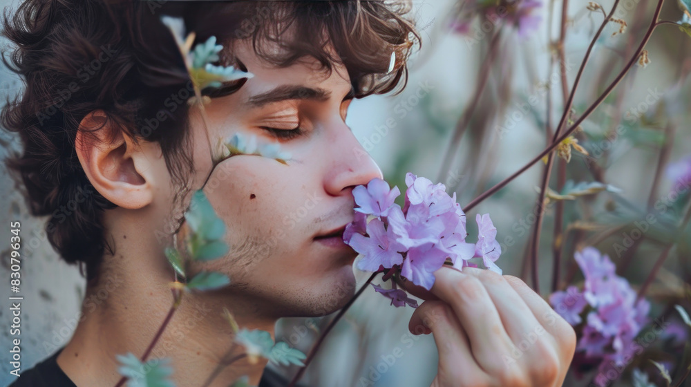 Obraz premium Thoughtful young man holding a purple flower close to his face, inhaling its fragrance, with a simple wall backdrop, highlighting a peaceful and intimate scene.