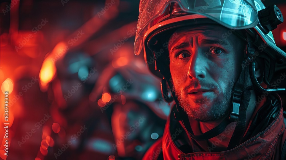 A firefighter coordinating with a team, close up, teamwork theme, realistic, overlay, command center backdrop A firefighter coordinating with a team, close up, teamwork theme, realistic, overlay, command center backdrop