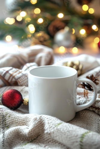 Festive Holiday Mug Surrounded by Christmas Decorations and Warm Lights